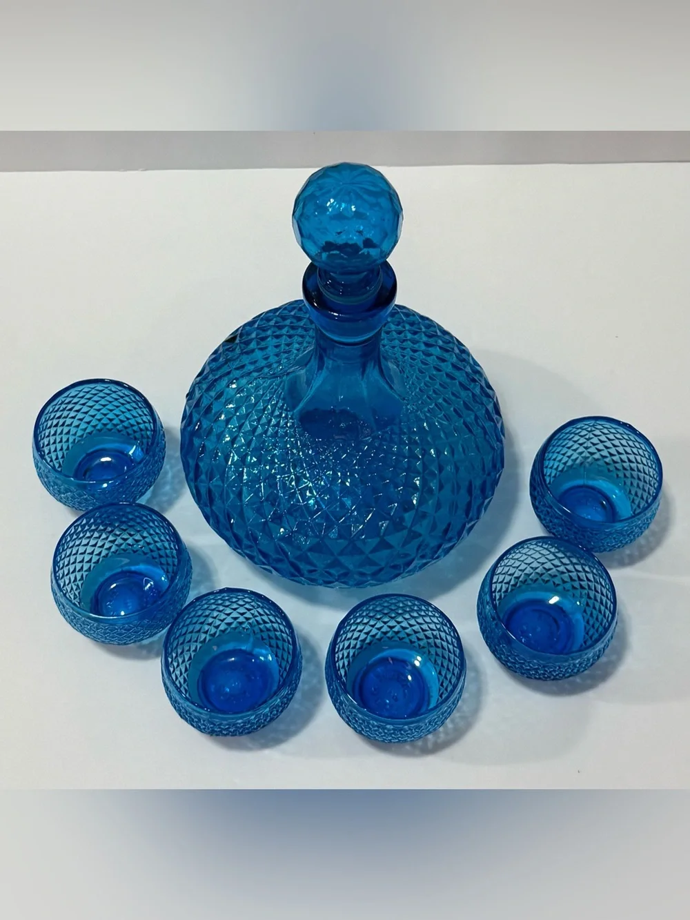 MCM 1960s 7 Piece Empoli Italy Blue Diamond Point Decanter Set – Vintage